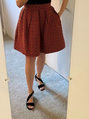 Hutch Floral Jacquard Pleated Skirt Burnt Orange/Navy Blue A-Line w/ pockets